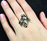 Серебряное кольцо cо скаполитом 2,75 карата, цветной жемчужиной, альмандинами гранатами и перидотом