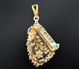 Серебряный кулон с резным цитрином 14,09 карата, аметистом и голубыми топазами Серебро 925