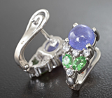 Яркие серебряные серьги с танзанитами и цаворитами топовых характеристик Серебро 925