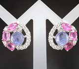 Оригинальные серебряные серьги с танзанитами и рубинами Серебро 925