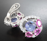 Оригинальные серебряные серьги с танзанитами и рубинами Серебро 925