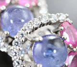 Оригинальные серебряные серьги с танзанитами и рубинами Серебро 925