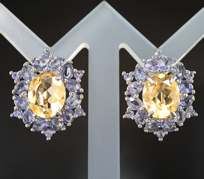 Роскошные серебряные серьги с цитринами и танзанитами