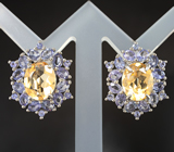 Роскошные серебряные серьги с цитринами и танзанитами Серебро 925