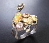Серебряное кольцо с кристаллическим эфиопским опалом, цветной жемчужиной, турмалином и сапфиром