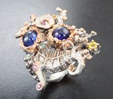 Серебряное кольцо с разноцветными сапфирами и родолитами Серебро 925