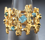 Золотое кольцо с различных форм уральскими александритами 0,6 карата, хризобериллами с эффектом кошачьего глаза и бриллиантами Золото