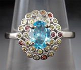 Чудесное серебряное кольцо с апатитом и разноцветными сапфирами Серебро 925