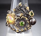 Серебряное кольцо с цветной жемчужиной, кристаллическим эфиопским опалом и диопсидами