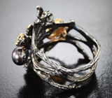 Серебряное кольцо с цветной жемчужиной, кристаллическим эфиопским опалом и диопсидами Серебро 925