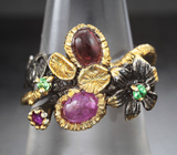 Серебряное кольцо с рубином, сапфиром, цаворитами и турмалинами