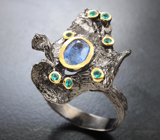 Серебряное кольцо с кианитом и «неоновыми» апатитами Серебро 925