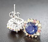 Серебряные пусеты с насыщенно-синими и разноцветными сапфирами Серебро 925