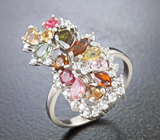 Праздничное серебряное кольцо с разноцветными турмалинами, бериллом и цитринами