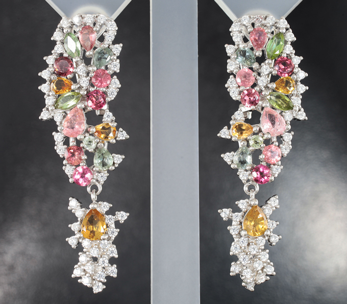 Праздничные серебряные серьги с разноцветными турмалинами, бериллами и цитринами