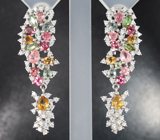 Праздничные серебряные серьги с разноцветными турмалинами, бериллами и цитринами Серебро 925