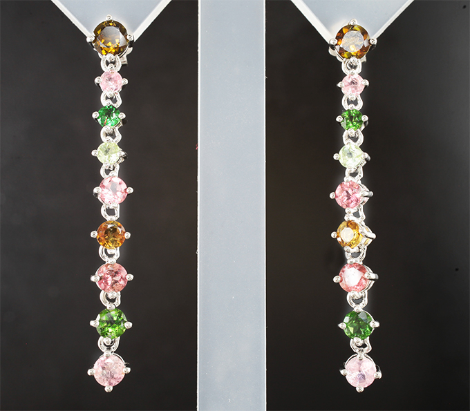 Элегантные серебряные серьги с разноцветными турмалинами и бериллами