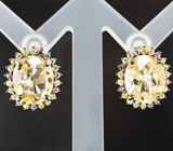 Стильные серебряные серьги с цитринами и разноцветными сапфирами Серебро 925