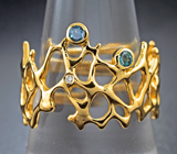Золотое кольцо с яркими уральскими александритами 0,2 карата и бриллиантом
