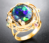 Золотое кольцо с крупным невероятно-ярким ограненным черным опалом 7,37 карата, желтыми сапфирами, цаворитом и бриллиантами Золото