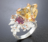 Серебряное кольцо с резным цитрином, родолитом, голубыми топазами и розовым турмалином
