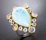 Серебряное кольцо с ларимаром 13,79 карата, лунным камнем и голубыми топазами Серебро 925