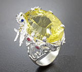 Серебряное кольцо с лимонным цитрином лазерной огранки 29,52 карата, диопсидами и родолитами