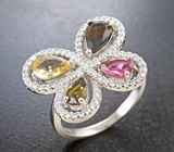 Праздничное серебряное кольцо с разноцветными турмалинами и цитрином