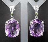 Серебряные серьги с крупными аметистами 44,62 карата и цаворитами
