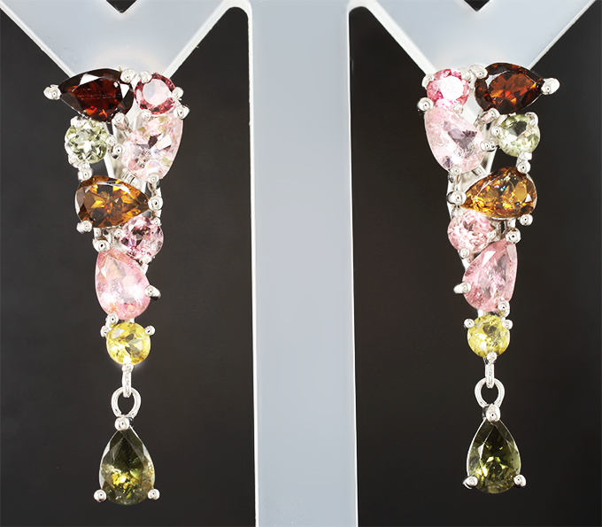 Праздничные серебряные серьги с разноцветными турмалинами