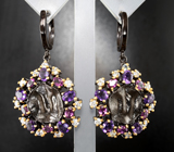 Серебряные серьги с аметистами и родолитами