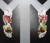 Праздничные серебряные серьги с разноцветными турмалинами Серебро 925