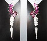 Изысканные серебряные серьги с рубинами и родолитами гранатами