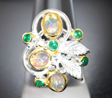 Серебряное кольцо с кристаллическими эфиопскими опалами и хризопразами