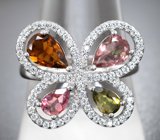 Оригинальное серебряное кольцо с разноцветными турмалинами