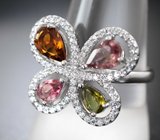 Оригинальное серебряное кольцо с разноцветными турмалинами