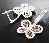 Оригинальные серебряные серьги с разноцветными турмалинами Серебро 925