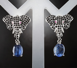 Скульптурные серебряные серьги с кианитами, пурпурными сапфирами и черными шпинелями