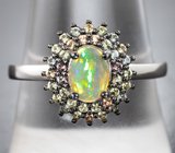 Праздничное серебряное кольцо с ограненным эфиопским опалом и сапфирами