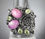Серебряное кольцо с корундами 2,04 карата и перидотами Серебро 925