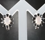 Изящные серебряные серьги с розовым кварцем и черными шпинелями