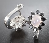 Изящные серебряные серьги с розовым кварцем и черными шпинелями Серебро 925