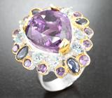 Серебряное кольцо с аметистом 14,95 карата, голубыми топазами, сапфирами и малыми аметистам