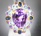 Серебряное кольцо с аметистом 14,95 карата, голубыми топазами, сапфирами и малыми аметистам