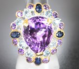 Серебряное кольцо с аметистом 14,95 карата, голубыми топазами, сапфирами и малыми аметистам Серебро 925