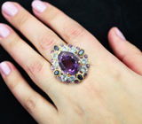 Серебряное кольцо с аметистом 14,95 карата, голубыми топазами, сапфирами и малыми аметистам