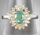 Эффектное серебряное кольцо с изумрудом и сапфирами Серебро 925