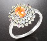 Праздничное серебряное кольцо с ограненным мексиканским опалом и разноцветными сапфирами