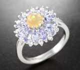 Великолепное серебряное кольцо с эфиопским опалом и танзанитами Серебро 925