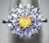 Великолепное серебряное кольцо с эфиопским опалом и танзанитами Серебро 925